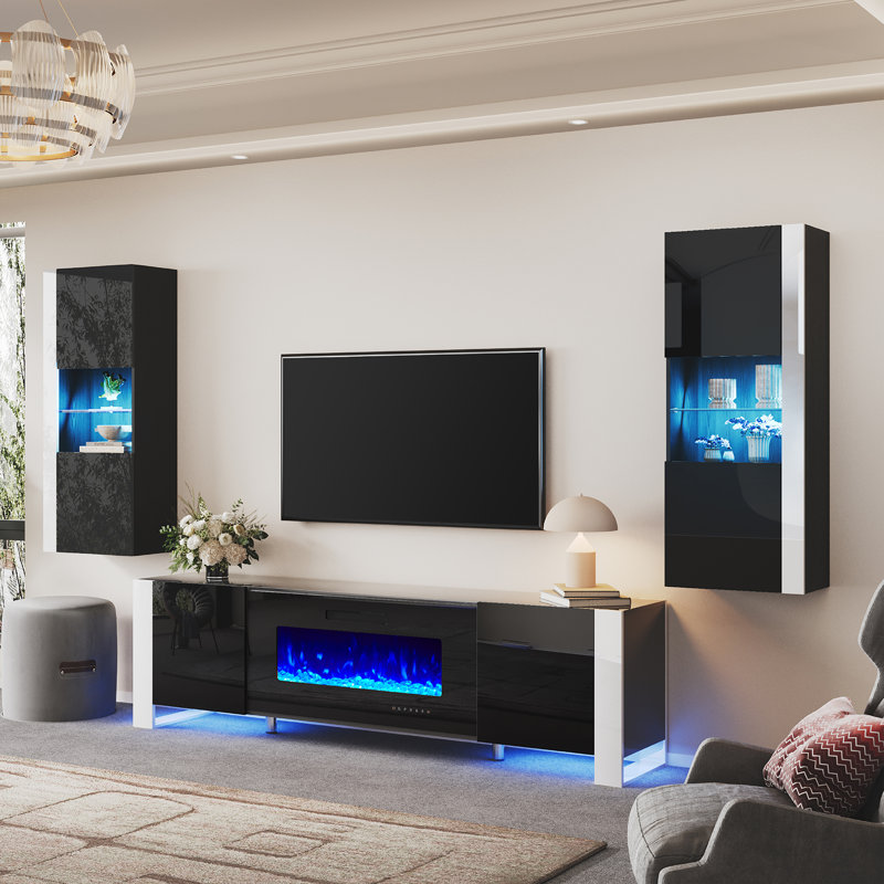 Meuble audio-vidéo pour téléviseur avec foyer électrique Bhhatu 70 po, noir, Noir, 70"