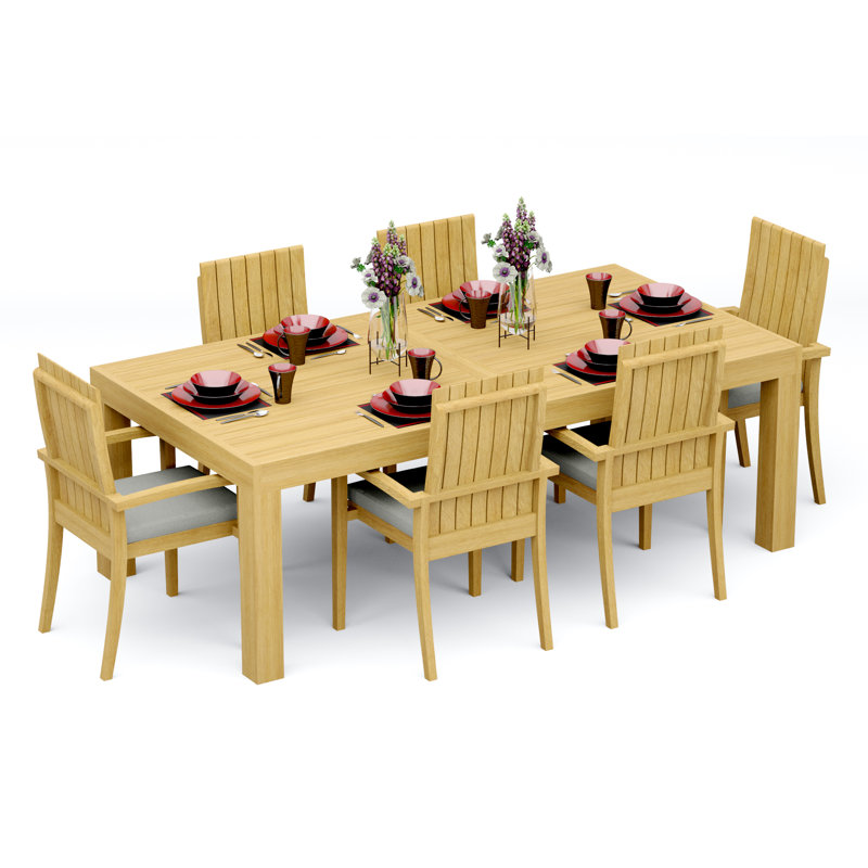 6 Seats 7 Pcs Grade-A Teak Wood Dining Set: 86" Canberra Rectangle Table And 6 Goa Stackng Arm Chairs #11GO1906, 6