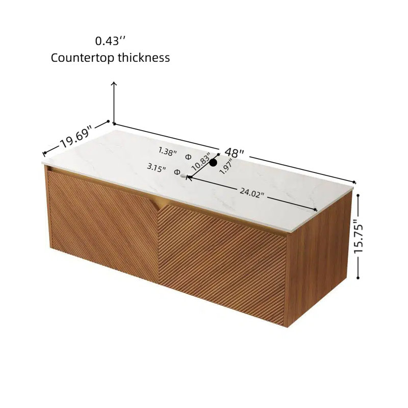 Ruben 48" Wall-Mounted Brown Oak Plywood Cabinet And Carrara White Sintered Stone Countertop, No Basin, No Faucet And Sink Cove
