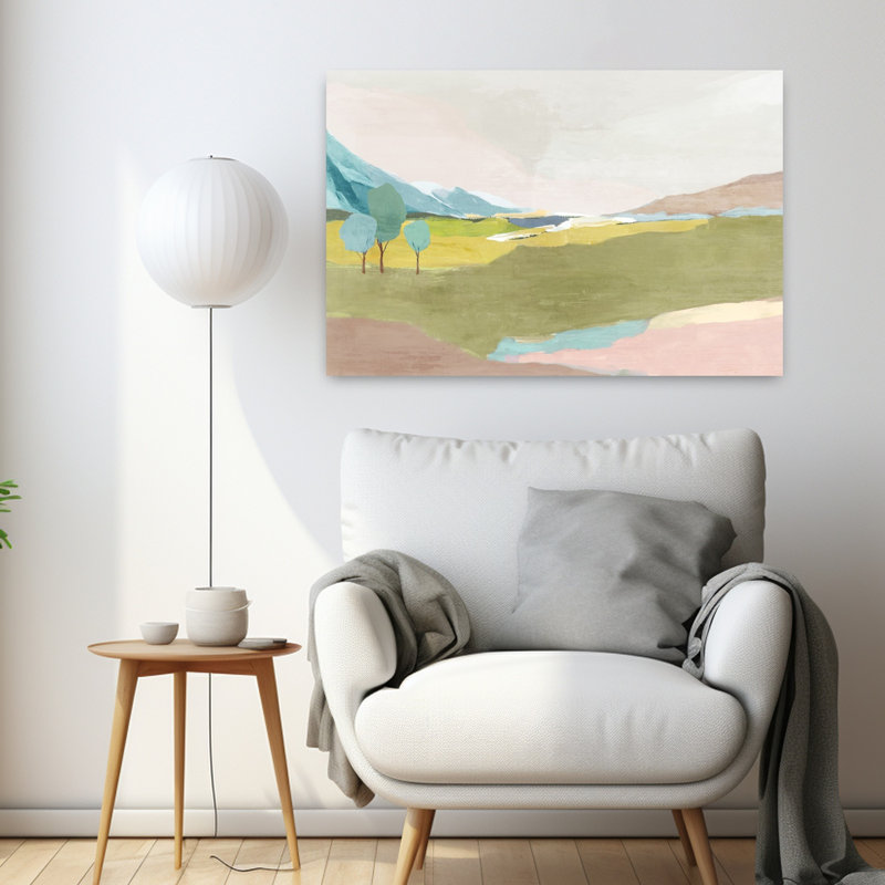 Tranquil Meadow with Distant Mountains Abstract Contemporary Landscape Nature, art mural, H 24 po x l 36 po