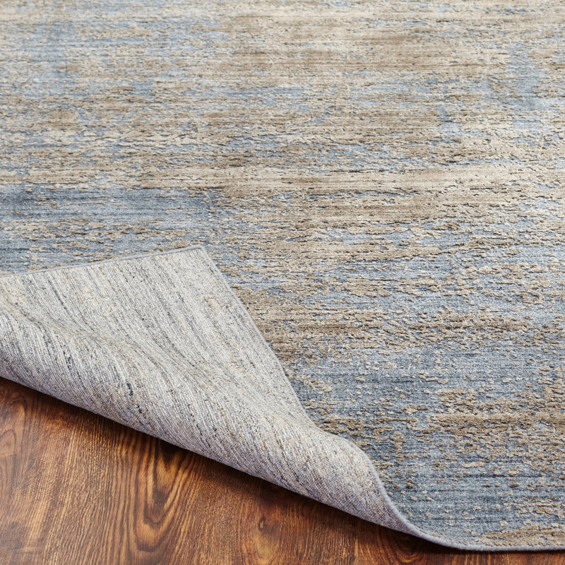 Tapis abstrait rayé bleu et beige fabriqué à la main Gaven, 10 pi x 14 pi