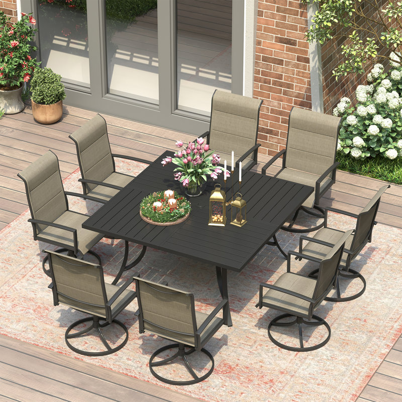 Patio Dining Set with 8 Padded Swivel Dining Chairs and 59" Square Dining Table, Black/Brown