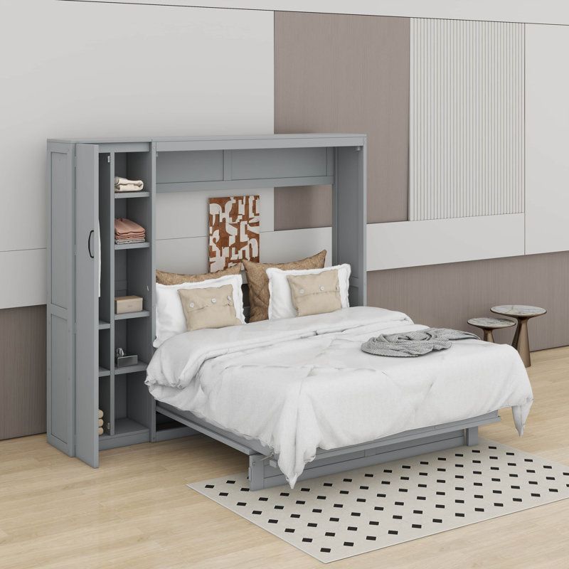 Lit escamotable mural Murphy avec tablettes, garde-robe et lumières DEL, Gris, Grand lit