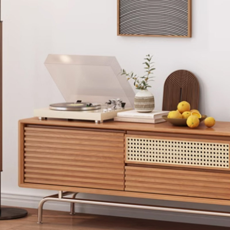 Meuble télé rétro en rotin, Bois robuste, 70.86"
