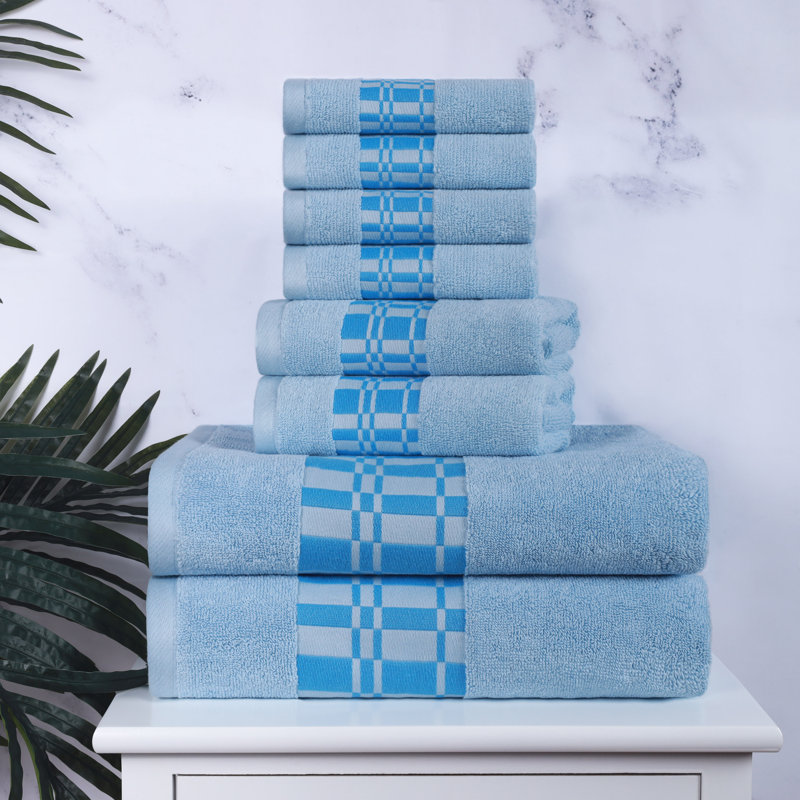 Larissa Cotton Medium Weight Geometric Border 8 Piece Assorted Towel Set, Light Blue