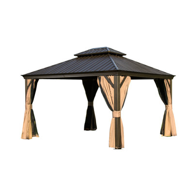 Brown 12'X14' Gazebo With Powder-Coated Aluminum Frame And Galvanized Steel Top - Visibility Curtain Gazebo, 12'X14', Corrosion Double Roof Net