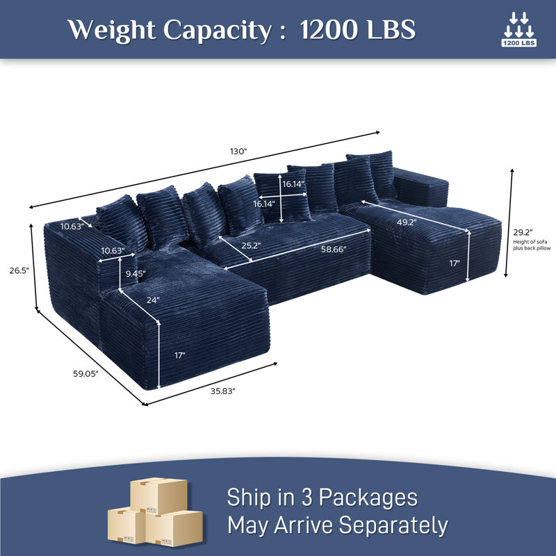 Canapé modulaire 3 pièces avec 8 coussins Adame, Velours côtelé bleu, En form de U, Face à la gauche