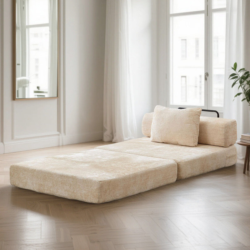 Chaise-lit futon moderne pliable en chenille avec coussin, Beige