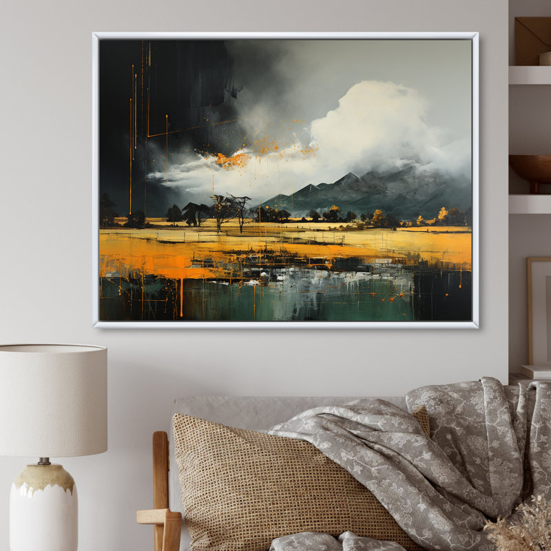 Gris et jaune, paysage de montagne abstrait II - paysage abstrait, art mural, Cadre flottant blanc