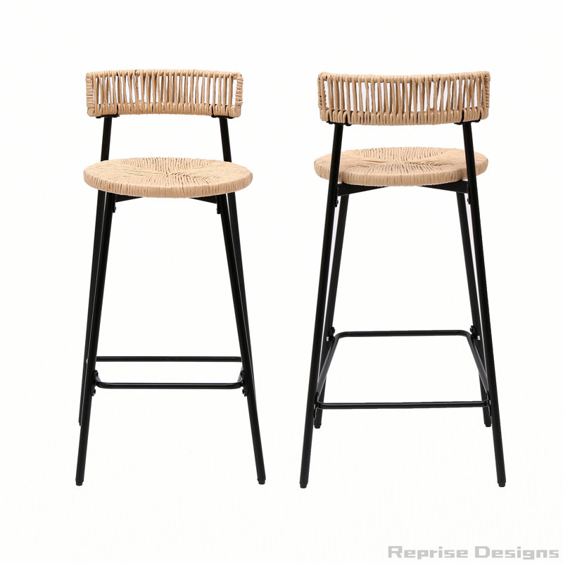 Paper Rope Round Bar Stools with Back Set of 2, Honey