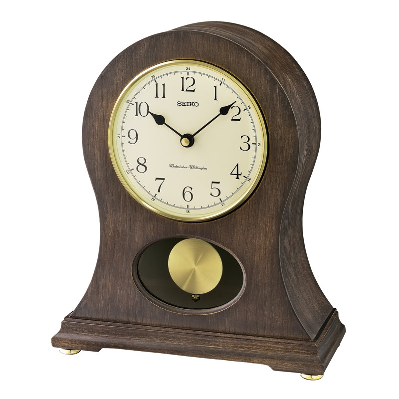 Antique Brown Oak Wood Quartz Mantel Clock with Pendulum