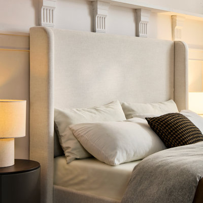 Très grand lit tapissier avec tête de lit de 52,3 po, conception américaine, tissu, structure en métal, rembourrage en mousse, installation facile dans un lit à oreilles de style élégant et contemporain, revêtement en toile, base, simple