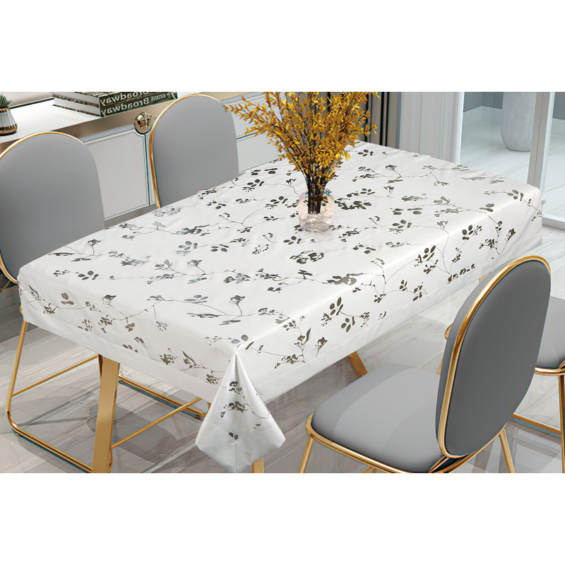 Lisbon Silver Floral Metallic Pattern, Polyester, Heavyweight, Silver Metalic Shine, Engineered Luxurious Damask Upscale Jacquard, Solid Border, White , Seats 6 to 8 people, Rectangular Tablecloths