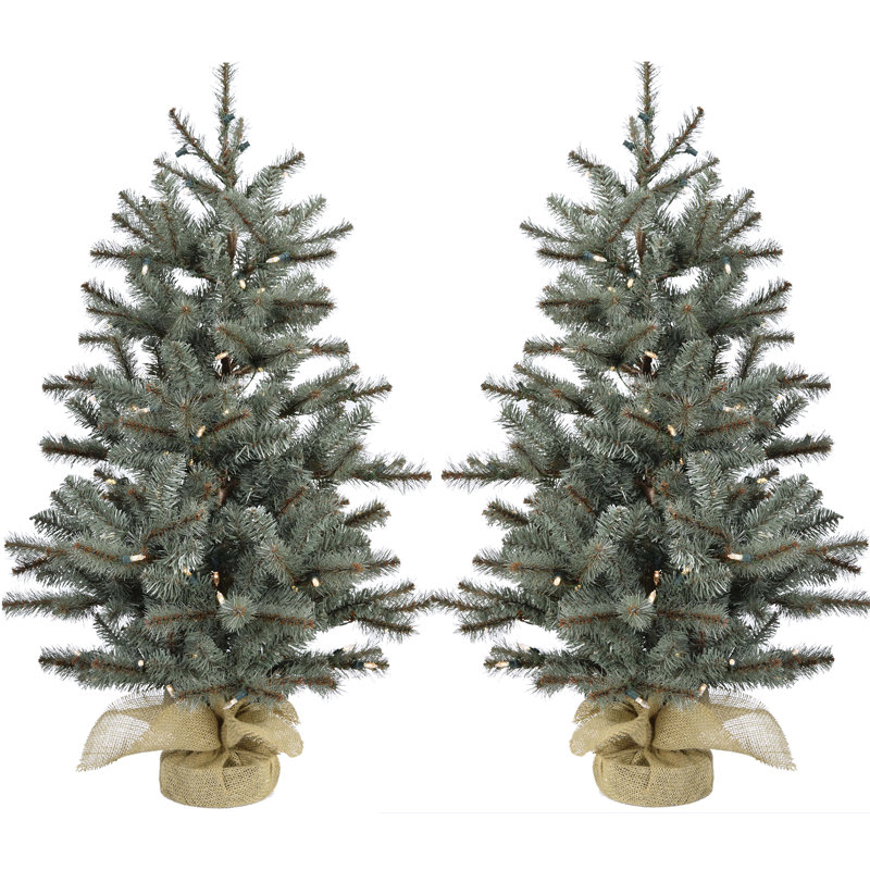 Arbre de Noël artificiel pin vert 3 pi avec 150 lumières claires / base en toile de jute, H 36 po