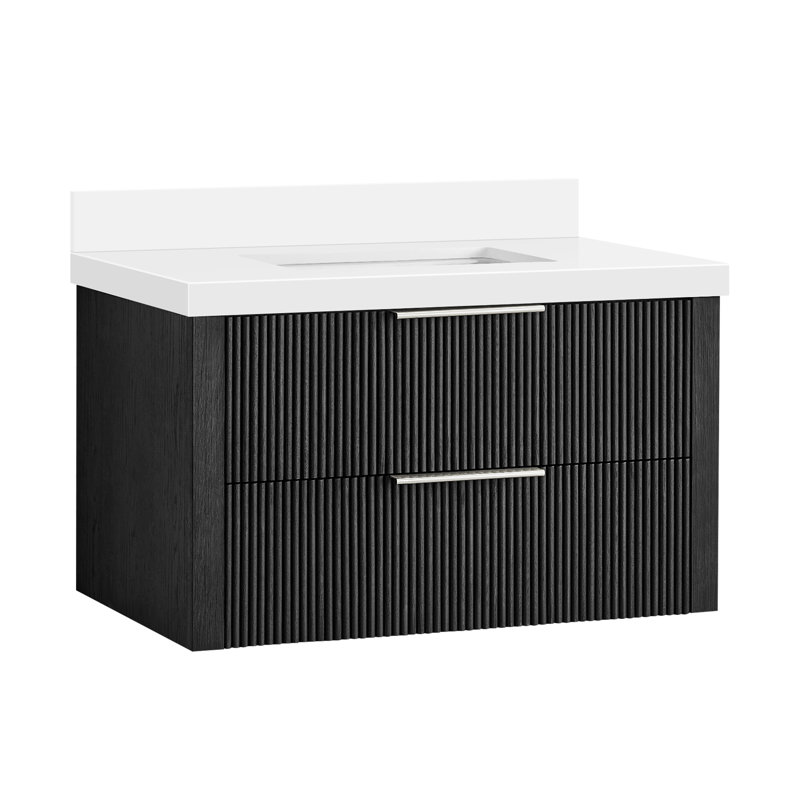 Barcelona 36" Floating Single Bath Vanity in Oak Weathered Black with White Quartz Stone Top, 36"