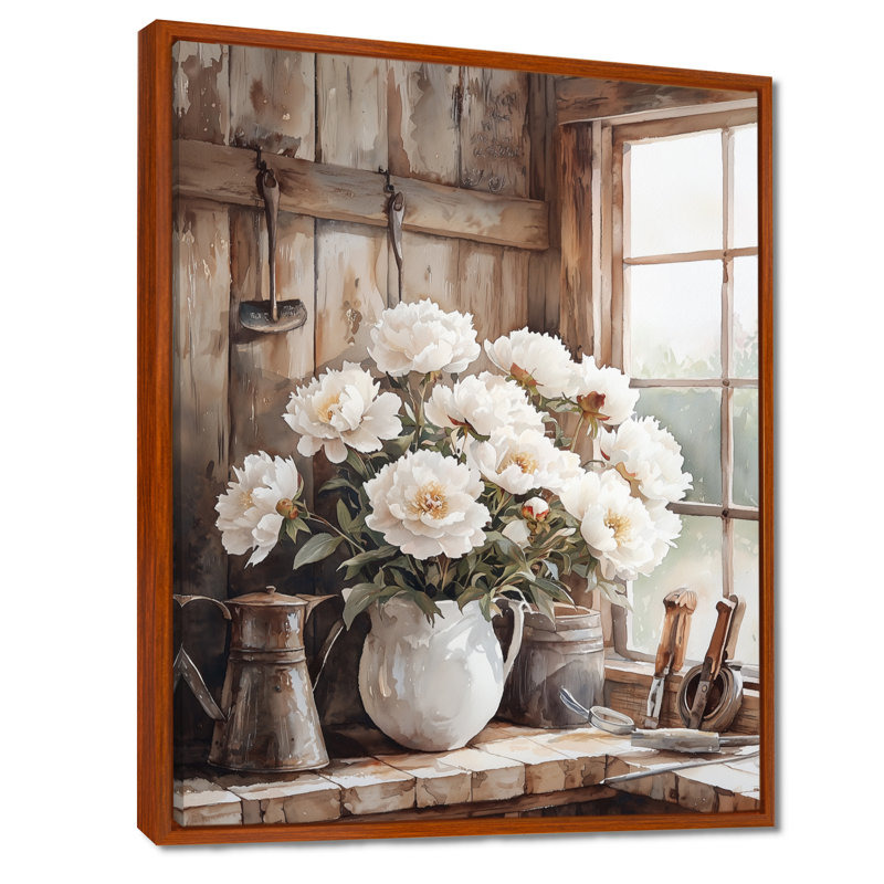 Ferme pivoines dans la remise laitière I - pivoines, art mural, H 40 po x l 30 po, Reproduction avec cadre flottant, Brun