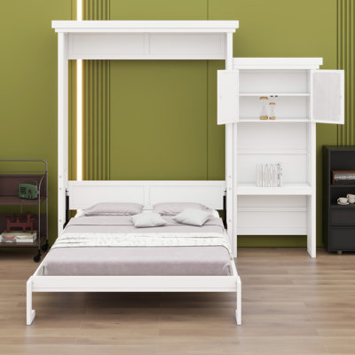 Lit escamotable avec plusieurs tablettes de rangement et décoration à persiennes
