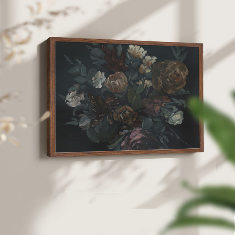 Antique floral nature morte I - impression encadrée - réaménageable, H 22 po x l 28 po, Noyer