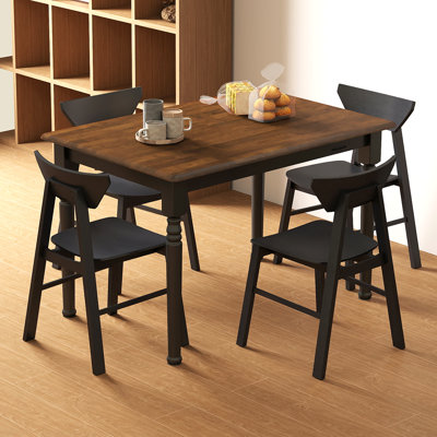 Modern 4 - Person Brown Dining Table Sets With Rectangular Solid Wood Table & 4 Solid Rubber Wood Chairs For Kitchen, Living Room, Dining Room
