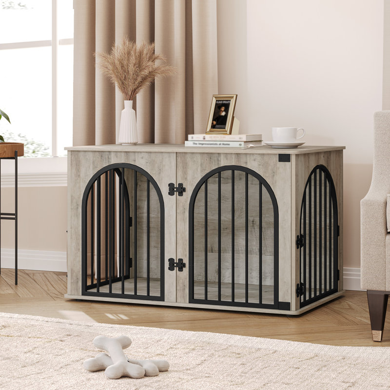 Dog Crate Furniture, 100 cm Wooden Dog Crate, Indoor Kennel for Small/Medium/Large Dogs, End Side Table Animal Crates, Anti-Chew, Anti-Escape, Arched Door Design
