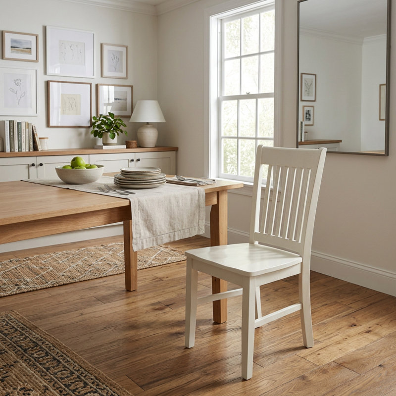 Ensemble de salle à manger rectangulaire 7 pièces en bois d'hévéa fini blanc lin, comprenant une table et 6 chaises à dossier à lattes, style milieu du siècle.