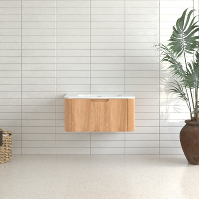 Armoire de salle de bain flottante 30 po avec lavabo en céramique blanche, bois de noyer massif, style à bord courbé, tiroir à fermeture en douceur préassemblé, esthétique moderne American Design