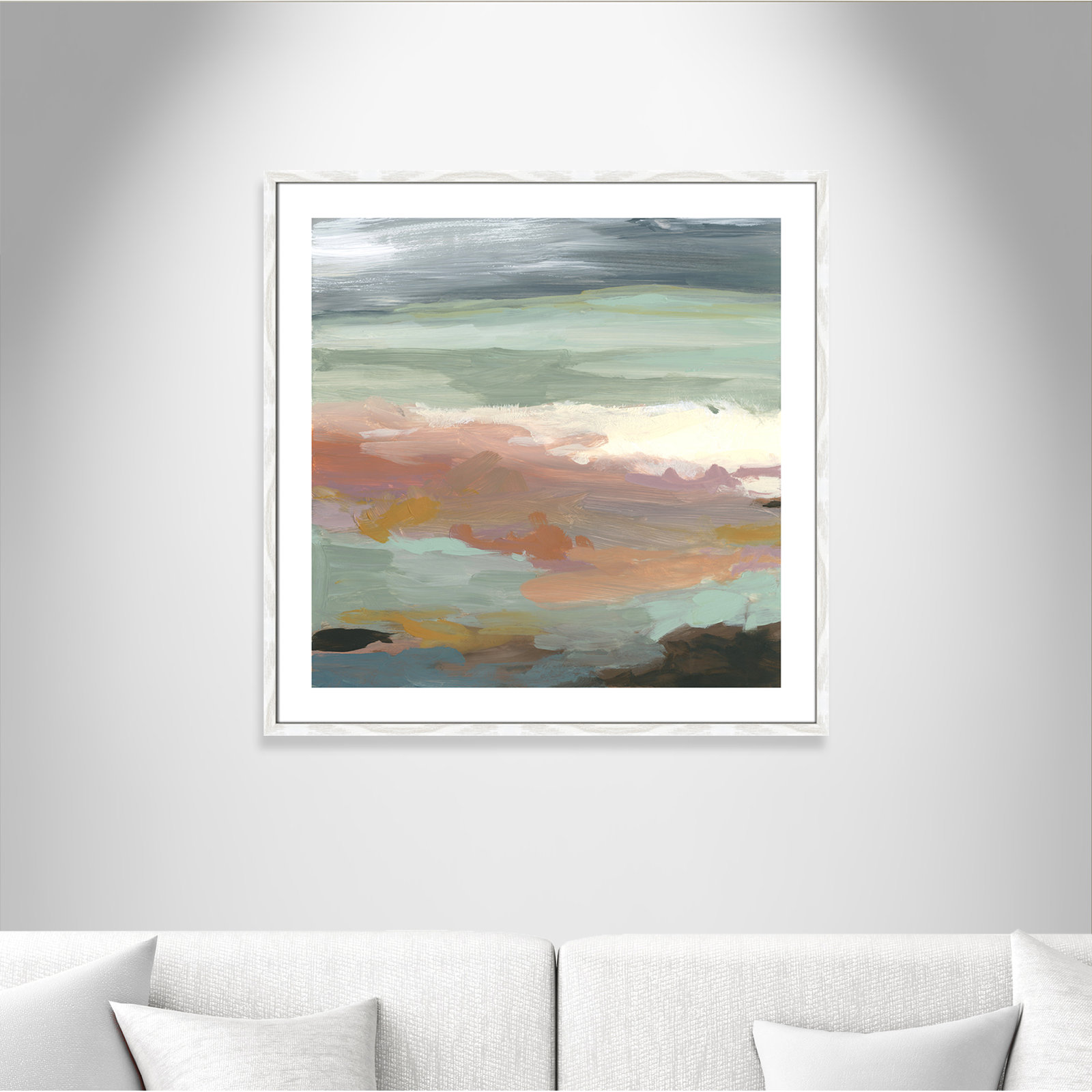 Bingham "Ocean Bluffs" Painting by Carol Robinson, Picture Framed Paper, 33.25" H x 33.25" W, White Wood