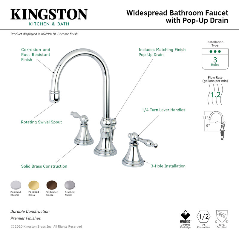 Kingston Brass Governor Two-Handle 3-Hole Deck Mount Widespread Bathroom Faucet with Brass Pop-Up Drain, Brushed Nickel