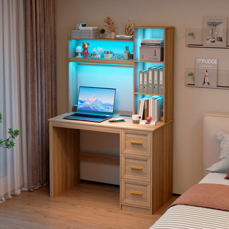 Computer Desk with Power Outlet and Tri-Color Light, Home Desk with Shelves and Drawer, Oak