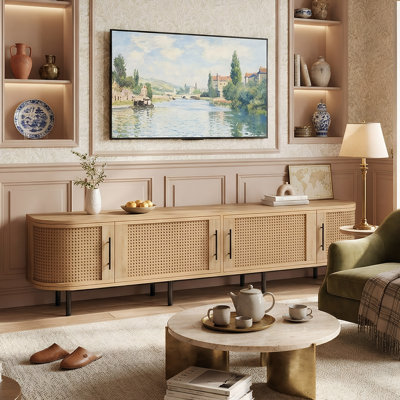 70" Modern Boho Rattan Britan With Iron Legs For Tvs Up To 80", Natural Wood