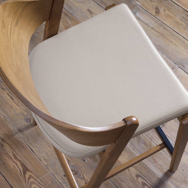 Upholstered Counter Stool with Solid Wood Frame, Medium Wood, Ivory