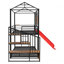 Lit superposé simple au-dessus d'un lit simple, lit de maison en métal avec glissière et escalier de rangement, avec glissade rouge-133239098