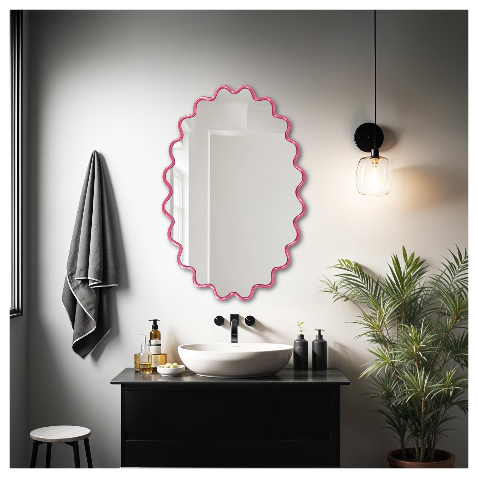Modern Wavy Framed Oval Wall Mirror, Pink