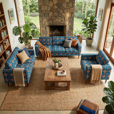 3-Piece Living Room Set,Mid-Century Modern Patterned Fabric Sofa, Loveseat, and Armchair with Wooden Legs