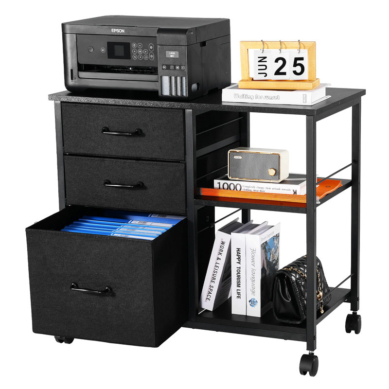 Classeur mobile en métal avec 3 tiroirs en tissu et 2 tablettes ouvertes, Noir