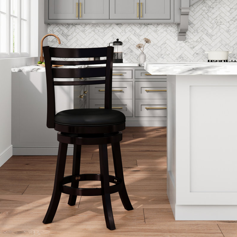 Tabouret pivotant à dossier et à lattes de 24 po de hauteur comptoir, en cuir noir, Espresso, Noir