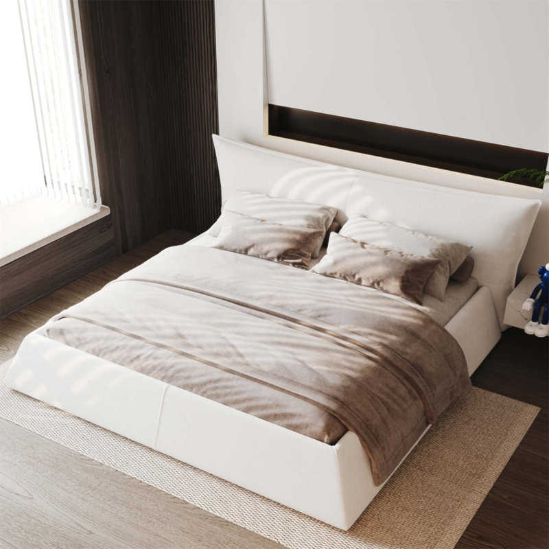 Très grand lit plateforme avec tête de lit matelassée - Velours noir et lit de construction élégante, tête de lit surdimensionnée, opulence de chambre en bois massif
