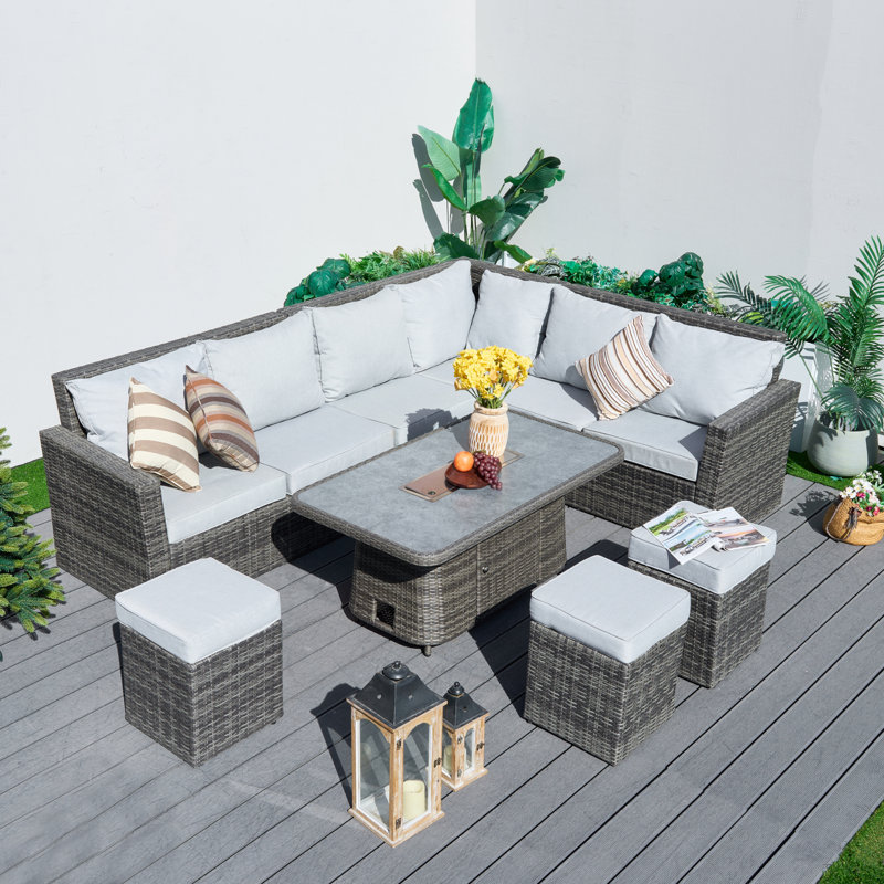 Ensemble repas d'extérieur en osier pour 9 personnes, Coussin gris / cadre gris