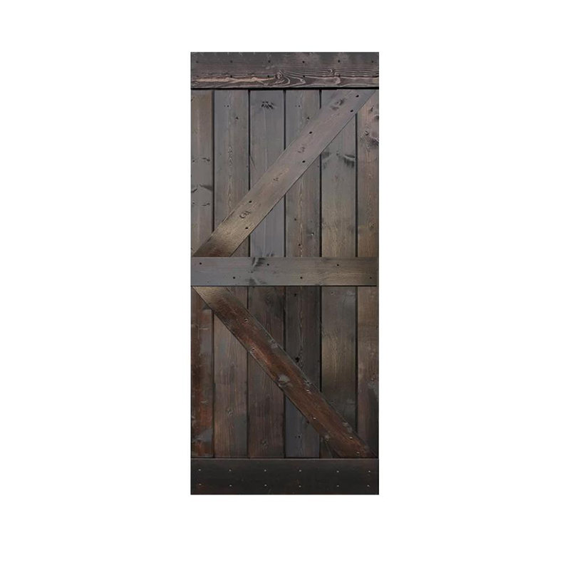 Porte de grange à panneau en Z apprêté avec panneaux et quincaillerie d'installation, 36 po x 84 po, Teinture chocolat noir