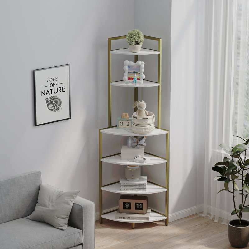 Étagère de coin à 6 niveaux avec bibliothèque ouverte et étagère en bois, Doré / Blanc