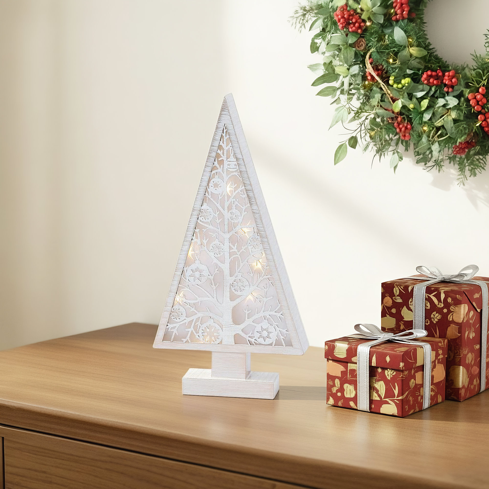 16 In. Illuminated Metal And Laser Cut Wood Tree