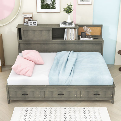 Versatile Wooden Daybed with Built-In Storage Drawers, USB Ports and Pushable Top Shelf