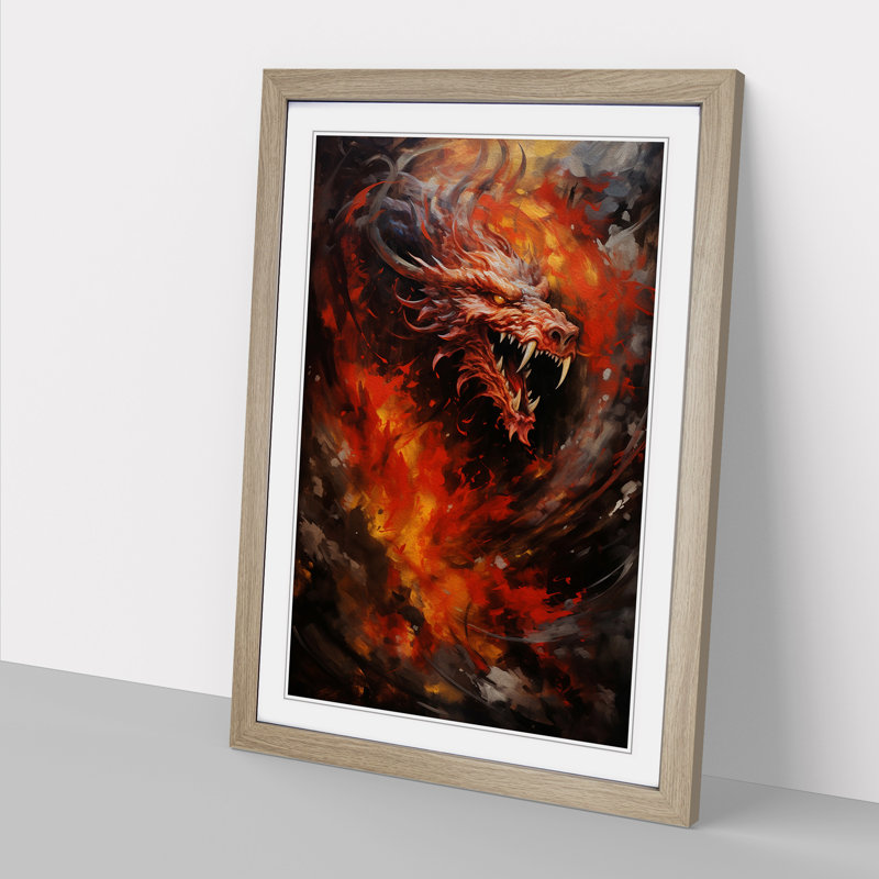 Chinese Dragon Action - Single Picture Frame Print on Wood, 34cm H x 25cm W x 2cm D, Oak Framed