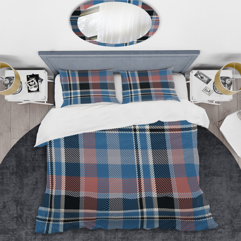 Tartan à carreaux bleu et noir - Ensemble de housse de couette abstrait - Microfibre de polyester