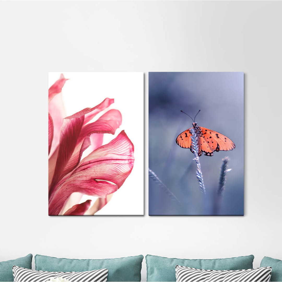 2-tlg. Leinwandbilder-Set - Fotografie „Amaryllis Butterfly Flower Blossom Red Turquoise”