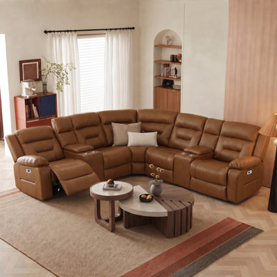 Modular Leather Power Reclining Sectional Sofa with 2 Power Recliners Storage Console Cup Holders Built‑in USB and USB‑C ports