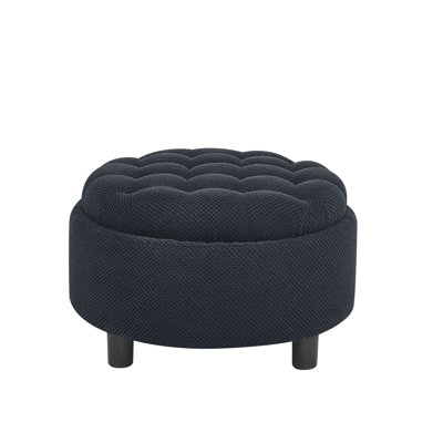 Pouf de rangement rond capitonné en bouclette noire avec compartiment de rangement, siège capitonné et plateau en MDF imperméable intégré au couvercle