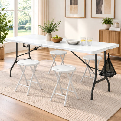 5-Piece Folding Table and Stools Set, 6ft Portable Utility Table with 4 Round Stools, Heavy Duty Steel Frame Furniture Combo for Events, Farmers Market & Parties