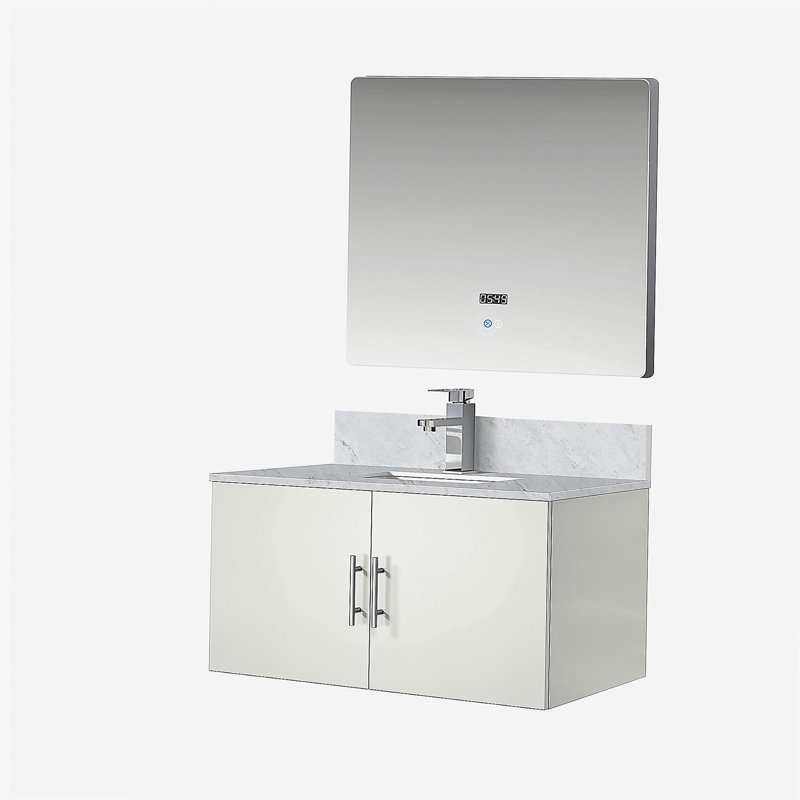 Lavabo de baignoire avec robinet et miroir à DEL, Blanc lustré, 36"