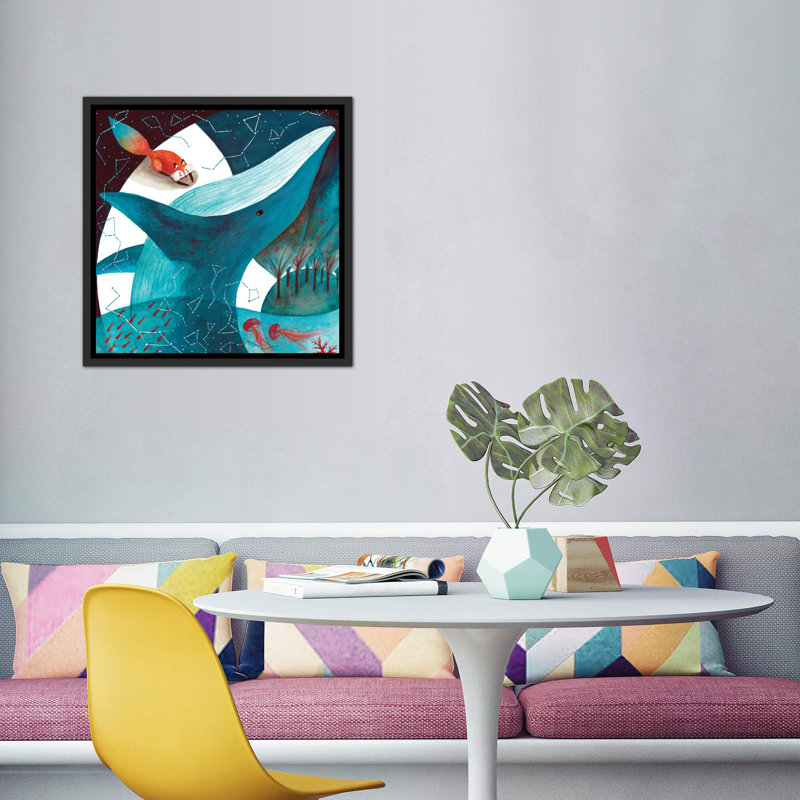 Renard et baleine III - impression, H 37 po x l 37 po x P 1,5 po, Toile avec cadre noir patiné, Pas de tapis